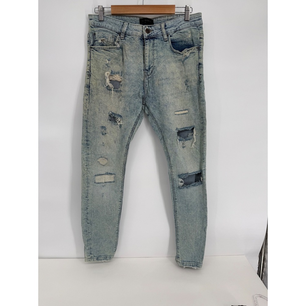 Bershka‎ Denim Distressed Skinny Jeans Light Acid Wash Ripped Streetwear Sz 32
